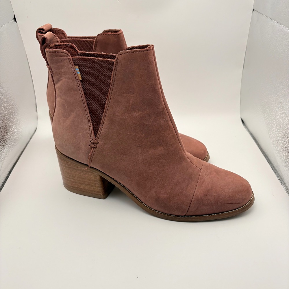 TOMS Women 9 Esme Ankle Boots Burnt Henna Leather 2.5" Block Heel Pull On